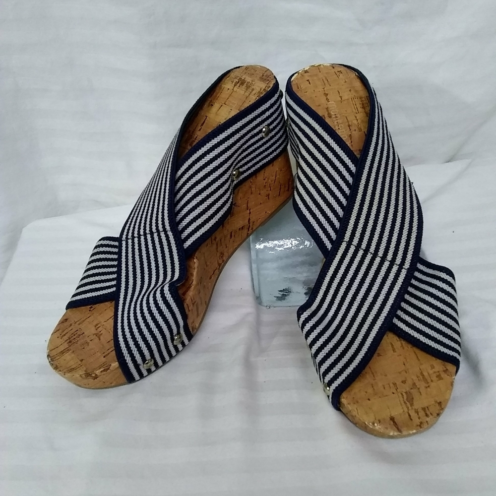 Montego Bay Sandals Stretch Bands 4" Wedge Cork Heel Blue White  7.5